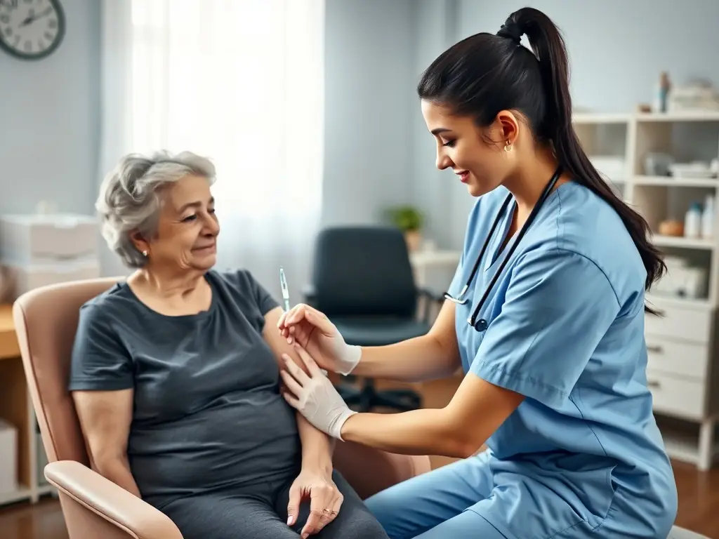 A clear and professional image of a nurse administering a vaccine to a patient's arm in a well-equipped medical office. The atmosphere is calm and reassuring.